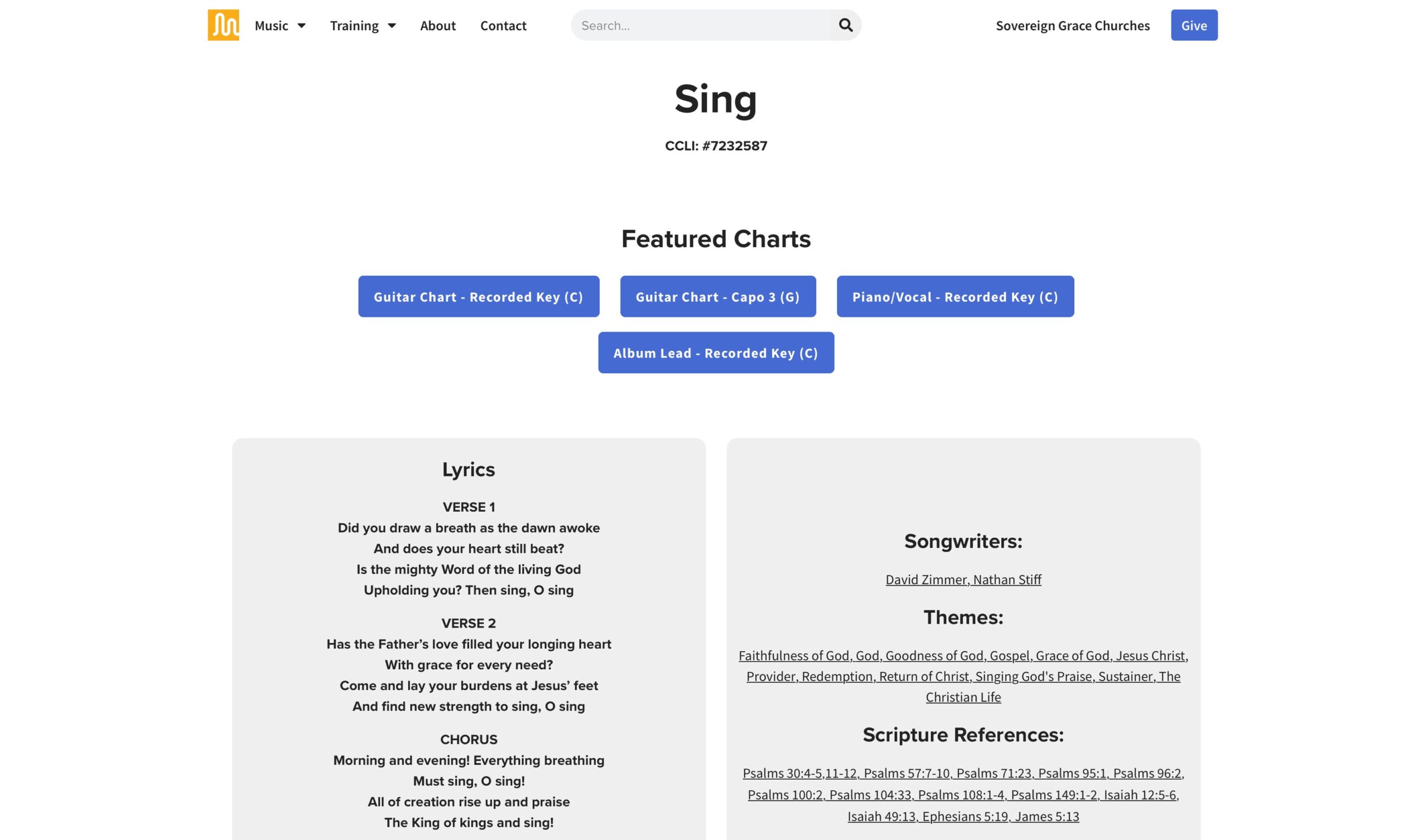 preview of song page including chart download buttons, lyrics, and song information